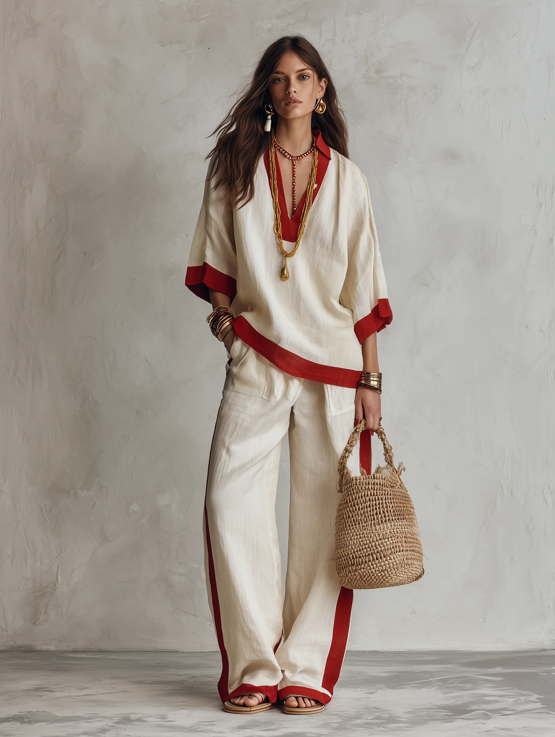 Minimalist Chic Textured Linen Red-Trim Oversized Off-White Palazzo Set - Image 2