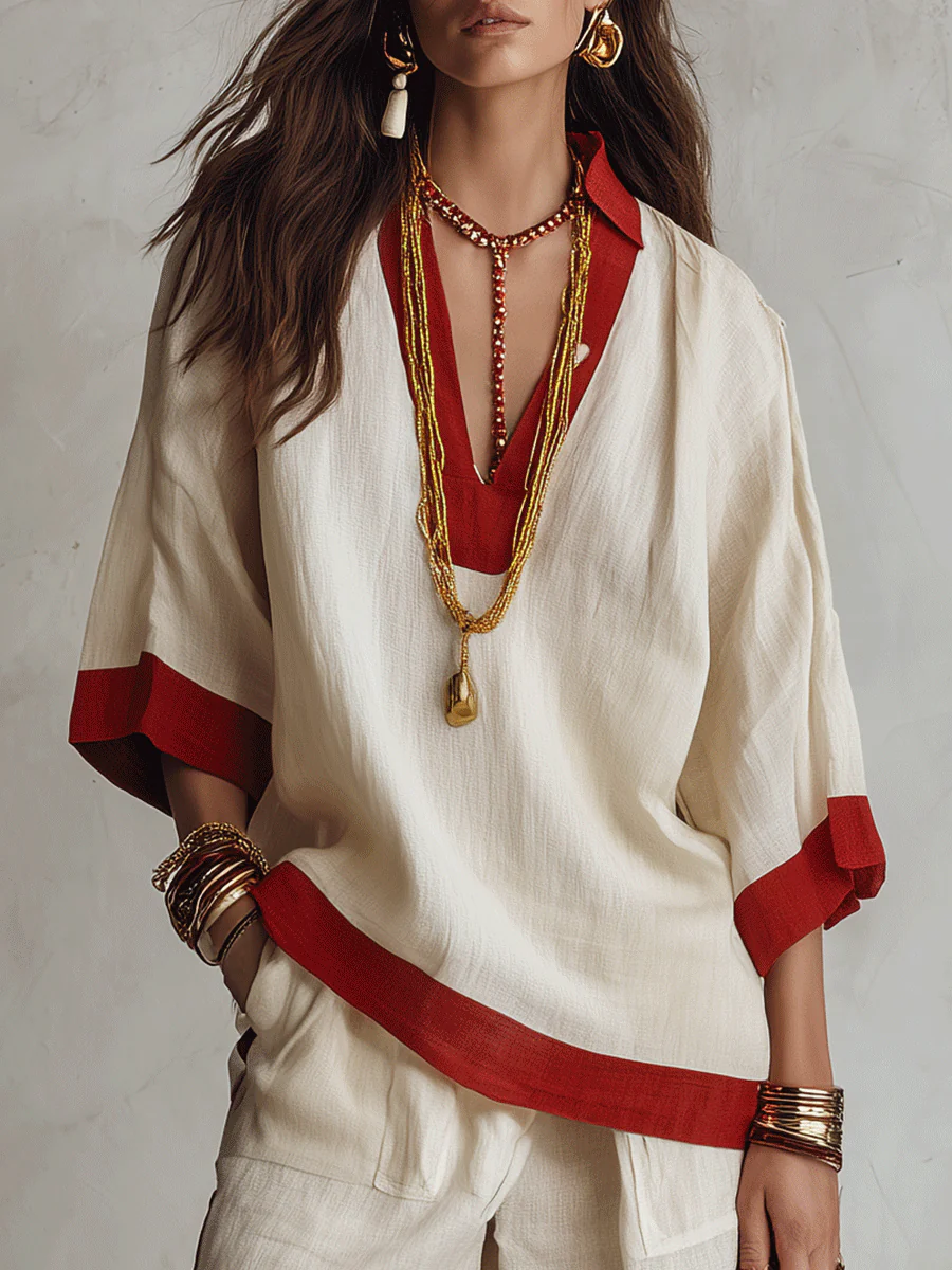 Minimalist Chic Textured Linen Red-Trim Oversized Off-White Palazzo Set - Image 3