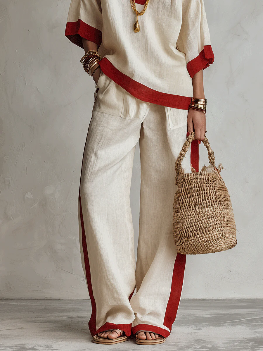 Minimalist Chic Textured Linen Red-Trim Oversized Off-White Palazzo Set - Image 4