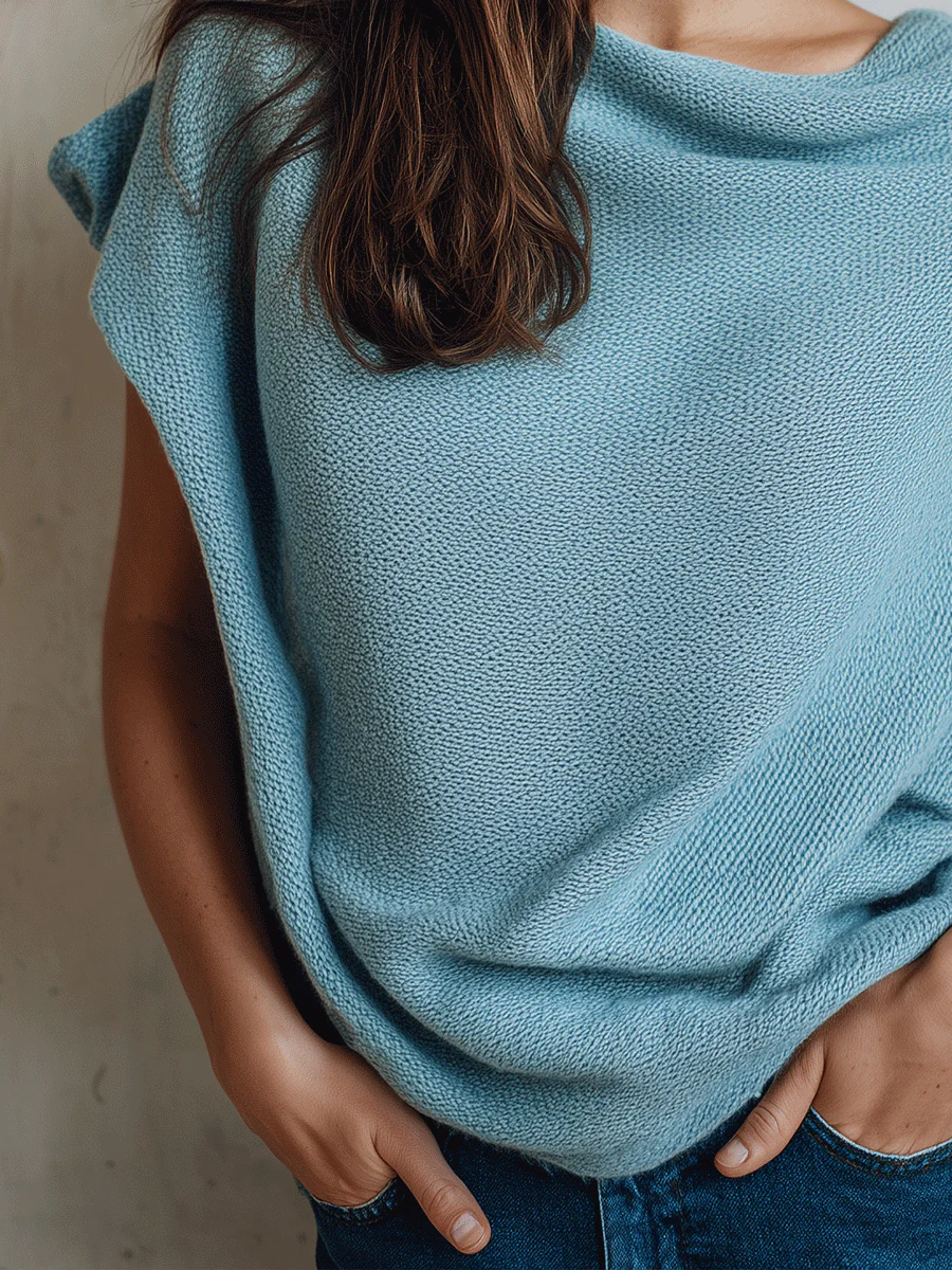 Minimalist Cozy Soft-Knit Draped Asymmetric Sky Blue Knit Top - Image 3