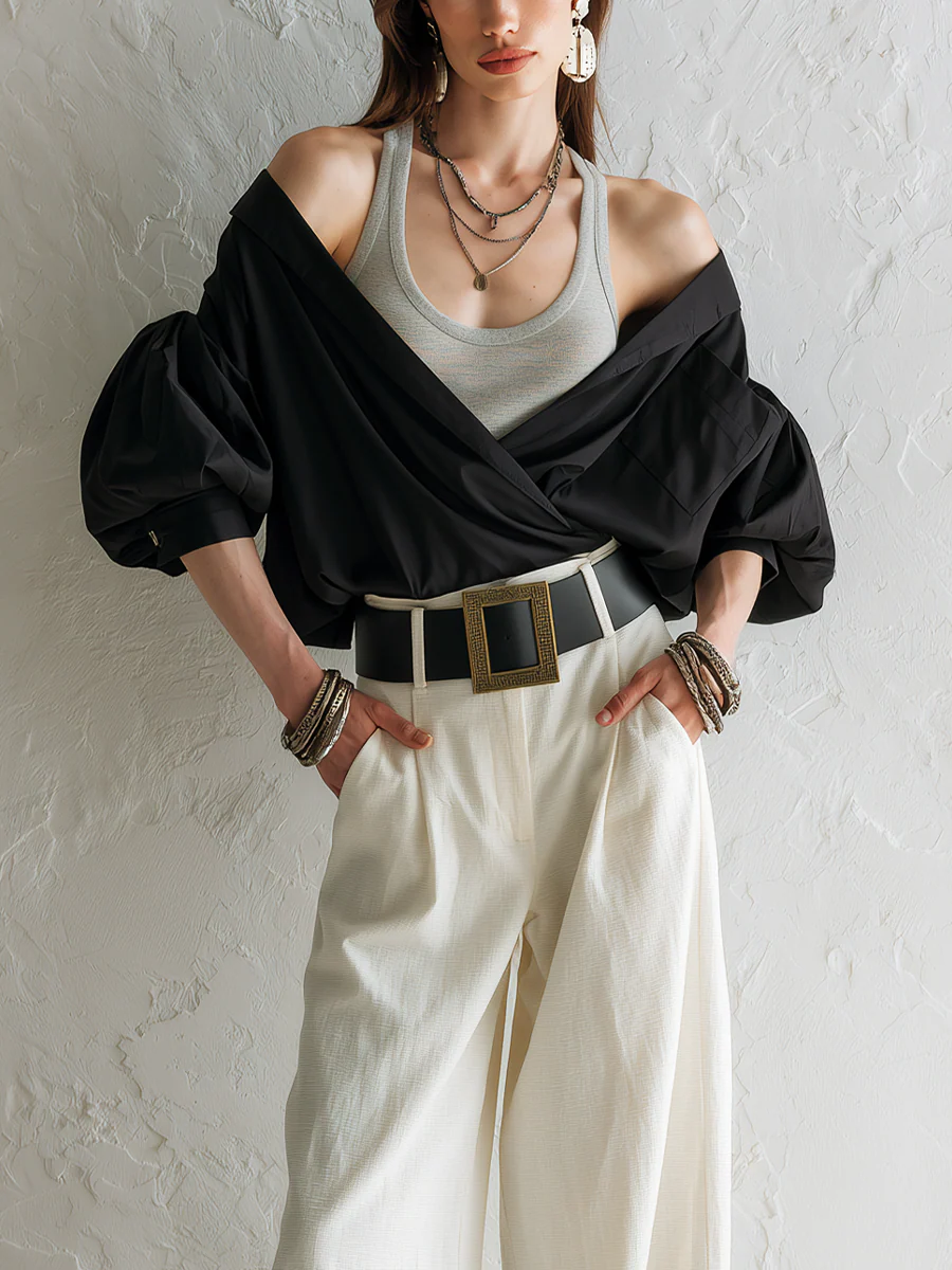 Modern Black Off Shoulder Draped Blouse With Wide Leg Pants - Image 2