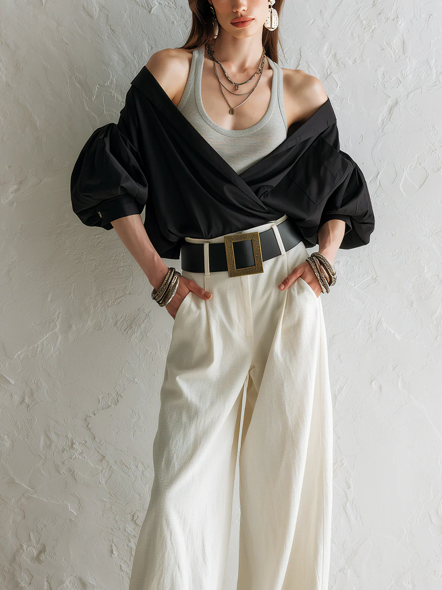 Modern Black Off Shoulder Draped Blouse With Wide Leg Pants - Image 3