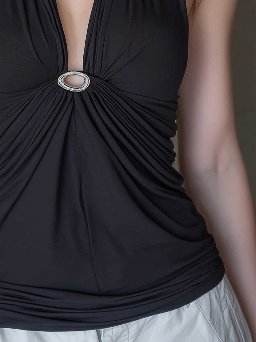 Modern Black Ring Detail Halter Top - Image 3
