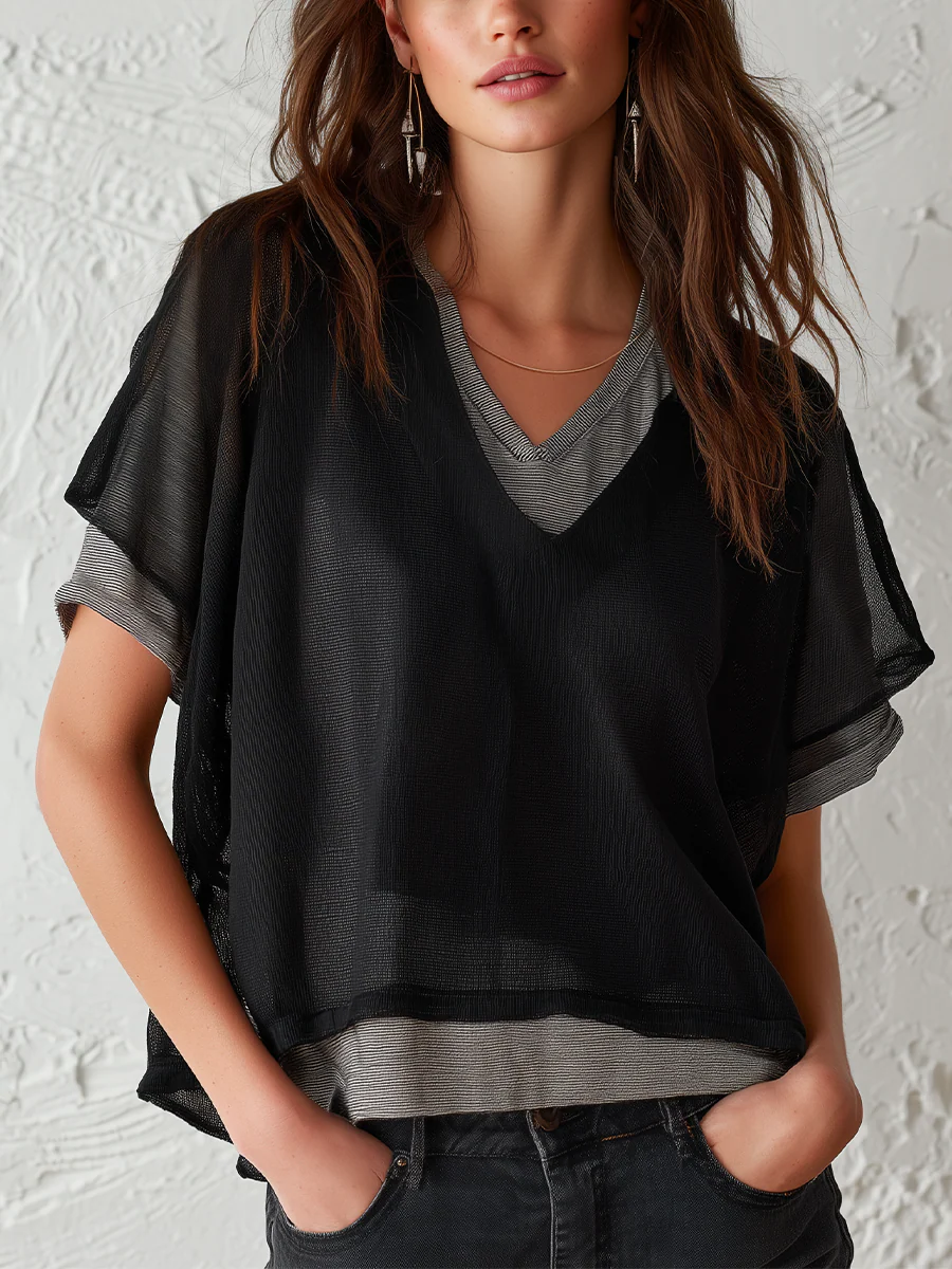 Modern Black Sheer Layered V-Neck Top