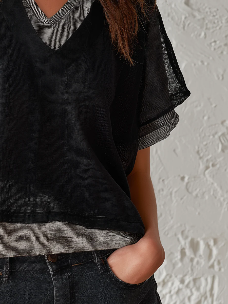 Modern Black Sheer Layered V-Neck Top - Image 3