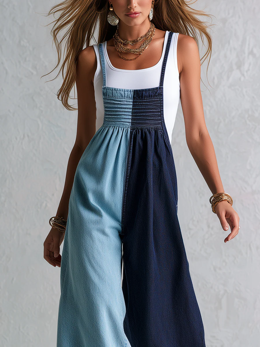 Modern Blue Color Block Denim Wide Leg Jumpsuit - Image 2
