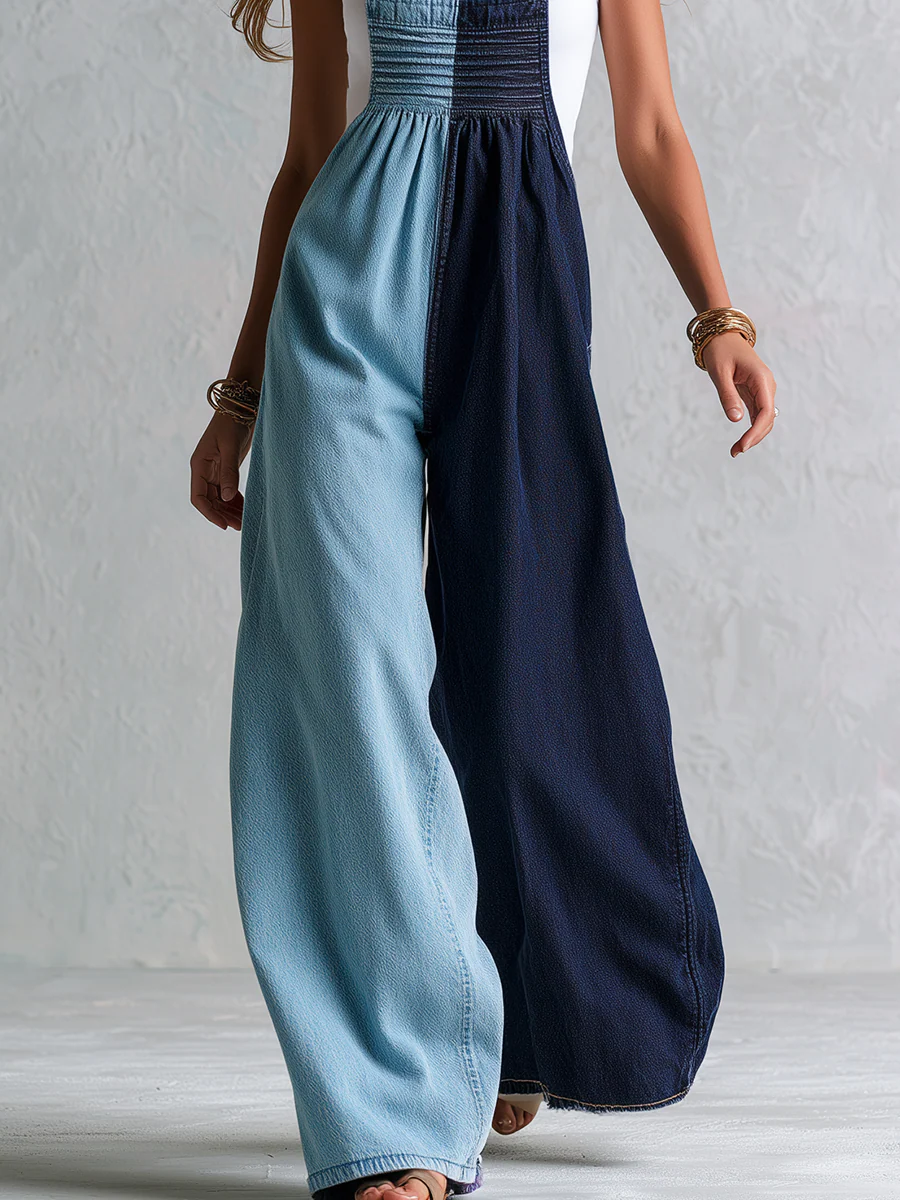 Modern Blue Color Block Denim Wide Leg Jumpsuit - Image 3