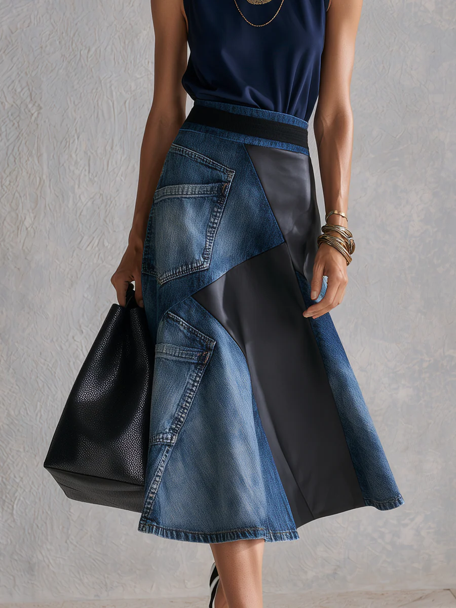 Modern Blue Top Asymmetrical Denim Patchwork Skirt Set - Image 3