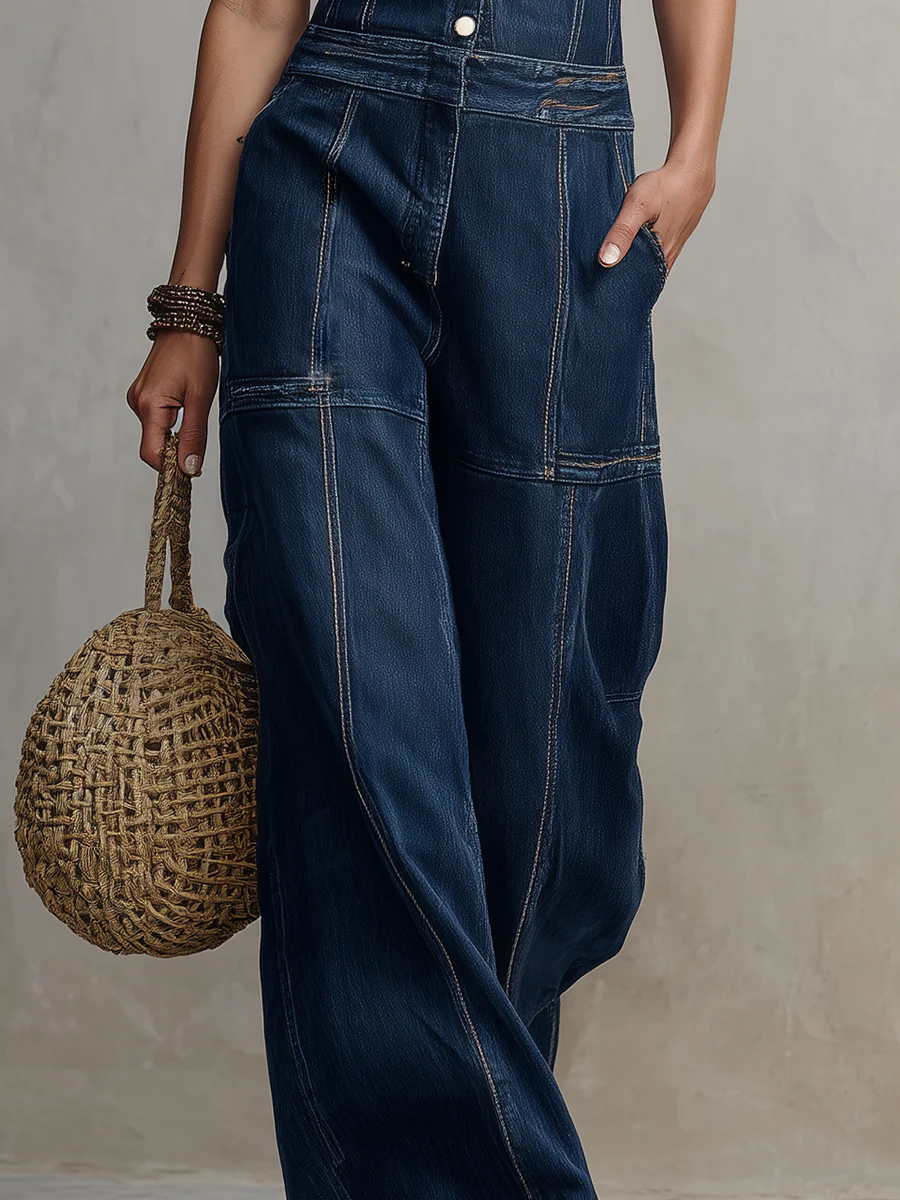 Modern Bohemian Collared Wide Leg Denim Overall Jumpsuit - Image 3