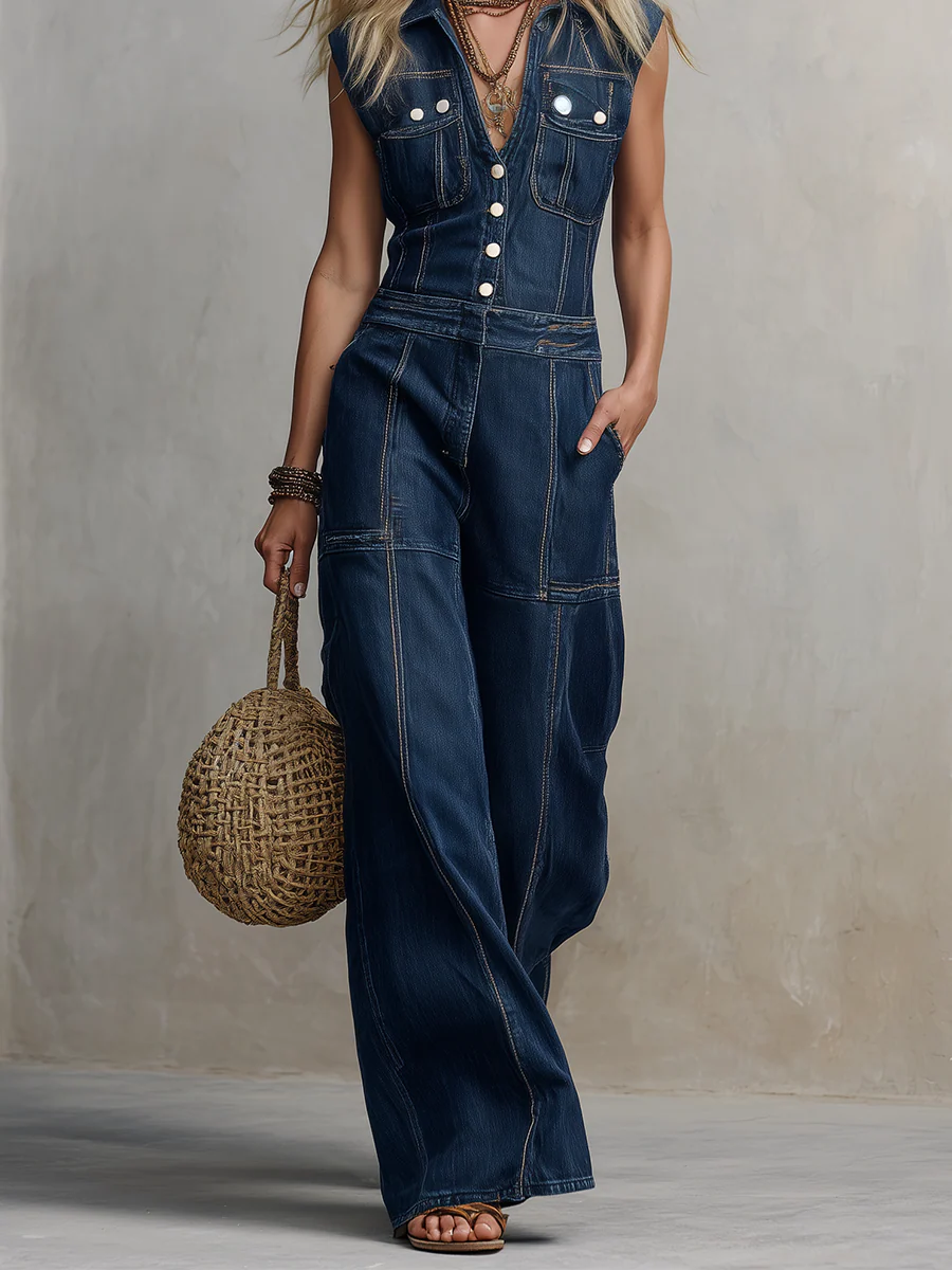 Modern Bohemian Collared Wide Leg Denim Overall Jumpsuit - Image 4