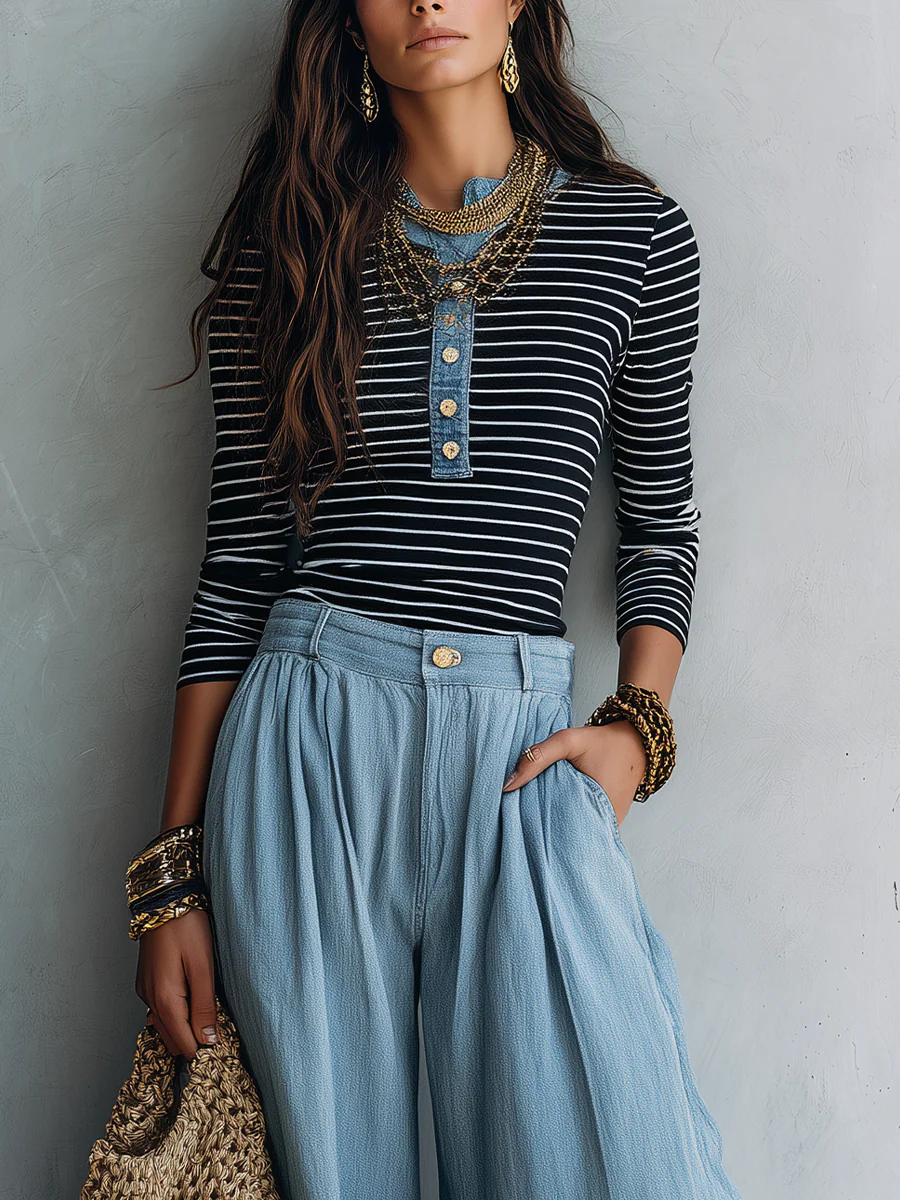 Modern Bohemian Henley Stripe Tee & Chambray Wide Leg Pants Set - Image 2