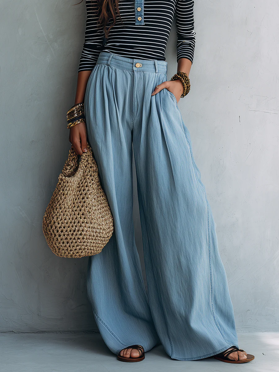 Modern Bohemian Henley Stripe Tee & Chambray Wide Leg Pants Set - Image 3