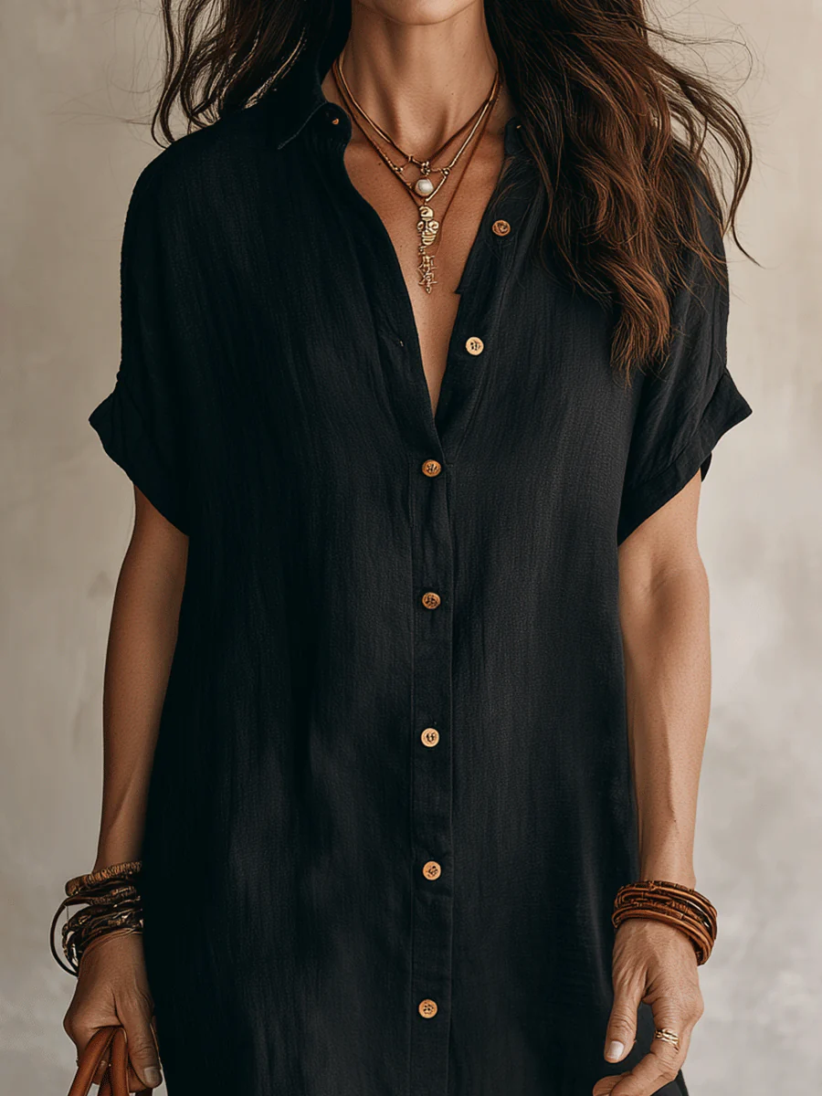 Modern Boho Effortless Black Linen Relaxed Midi Dress - Image 11