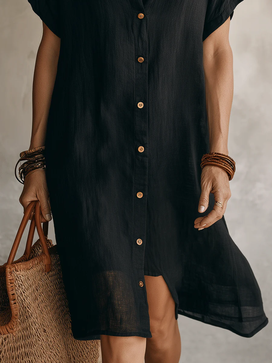 Modern Boho Effortless Black Linen Relaxed Midi Dress - Image 12