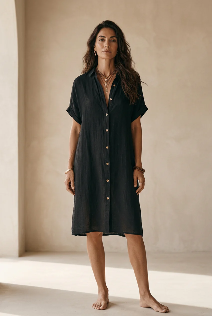 Modern Boho Effortless Black Linen Relaxed Midi Dress - Image 2