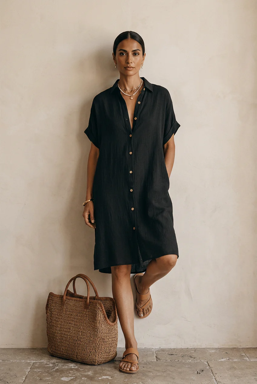 Modern Boho Effortless Black Linen Relaxed Midi Dress - Image 3