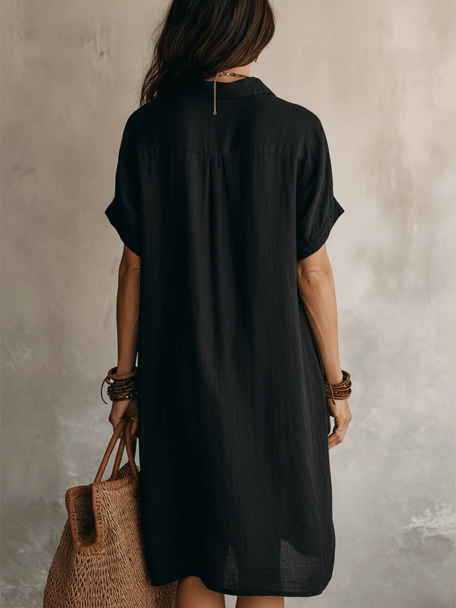 Modern Boho Effortless Black Linen Relaxed Midi Dress - Image 8