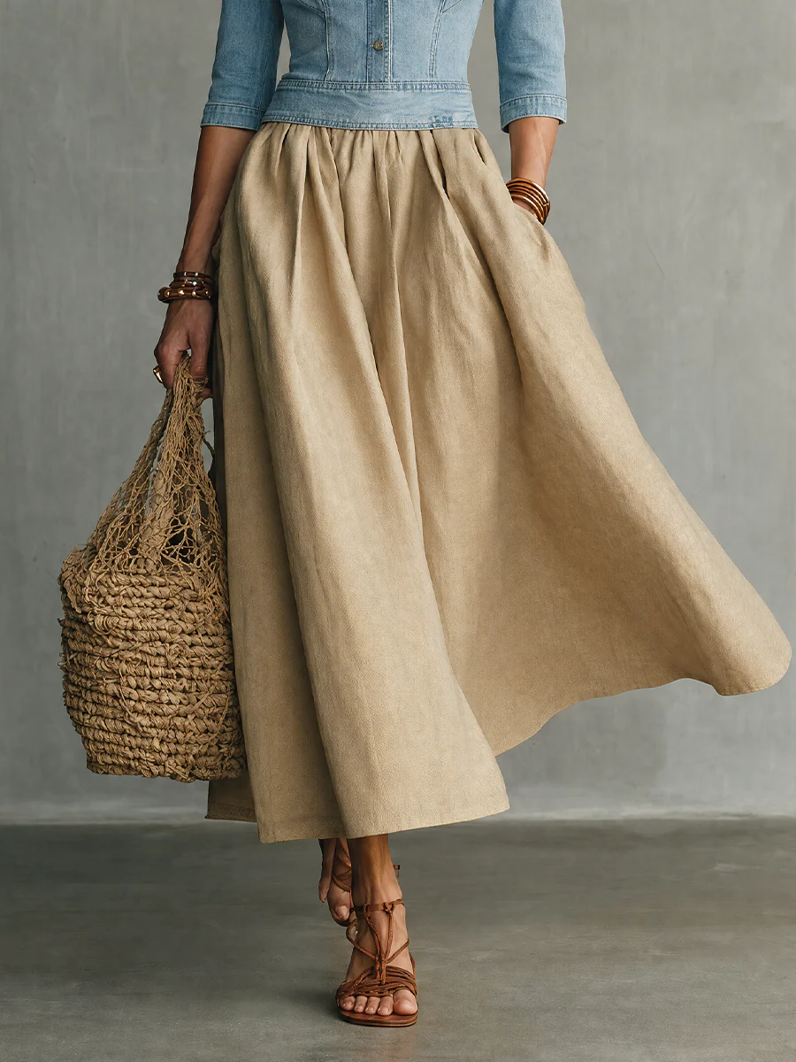 Modern Boho Lapel Denim Top & Linen Skirt Dress - Image 3
