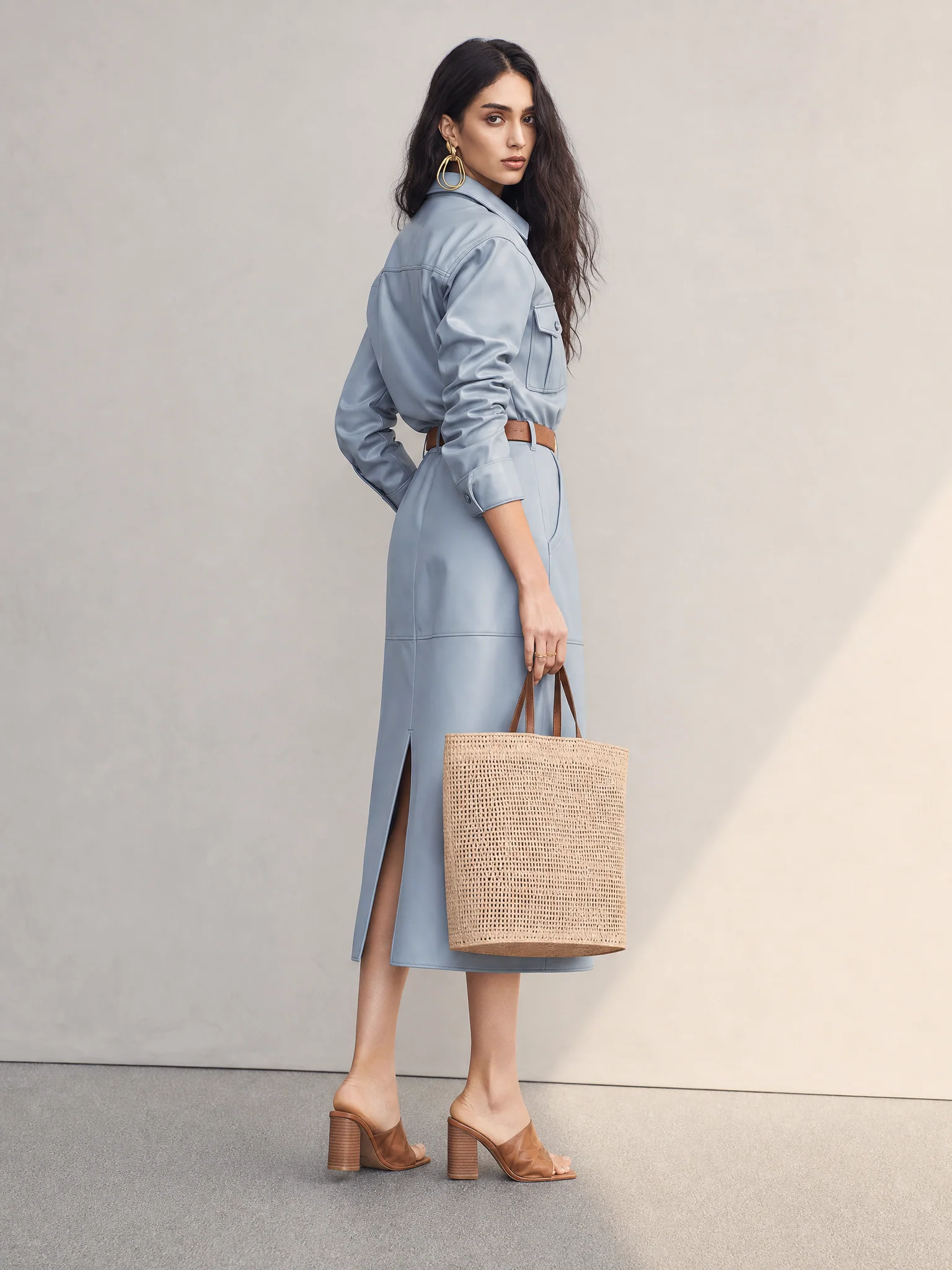 Modern Powder Blue Utility Shirt Midi Dress - Image 2