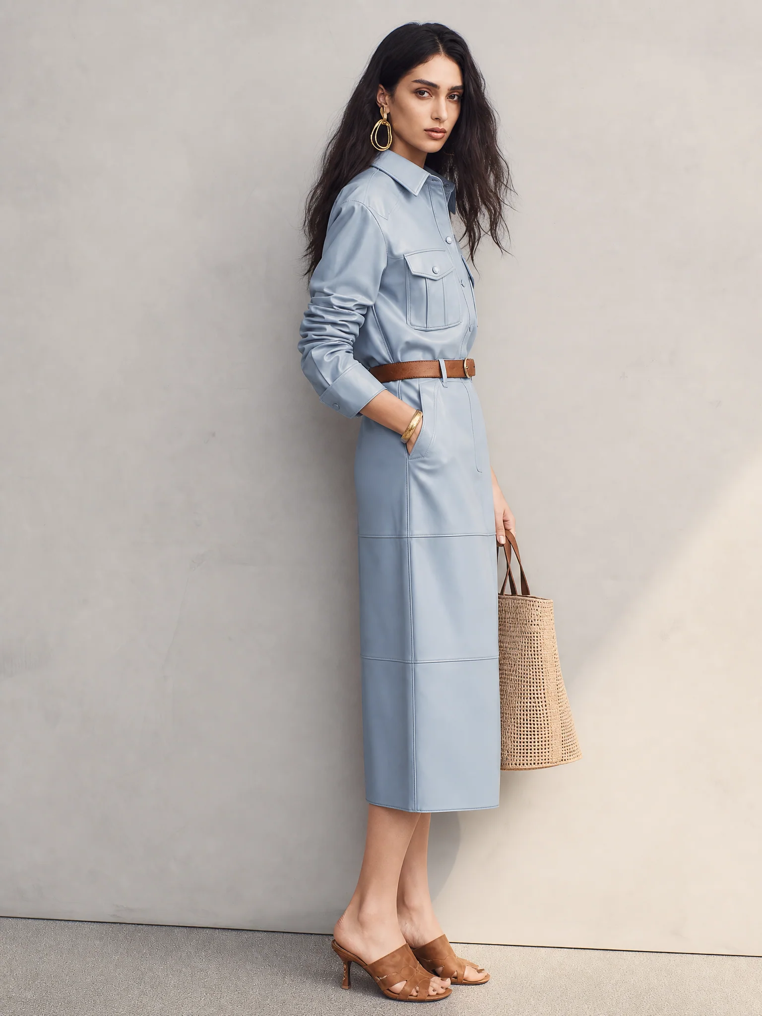 Modern Powder Blue Utility Shirt Midi Dress - Image 3