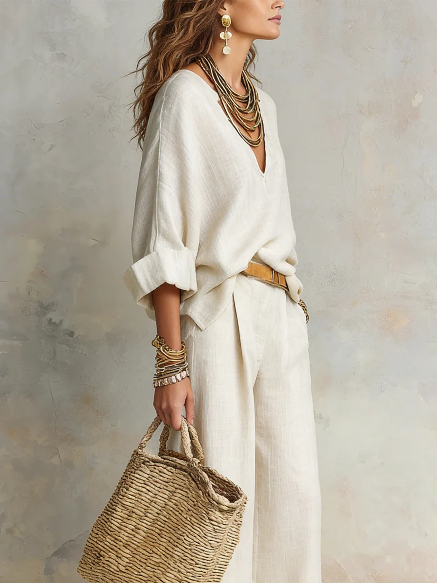 Off White Natural Linen Loose Fitting Resort Wear Set - Image 3