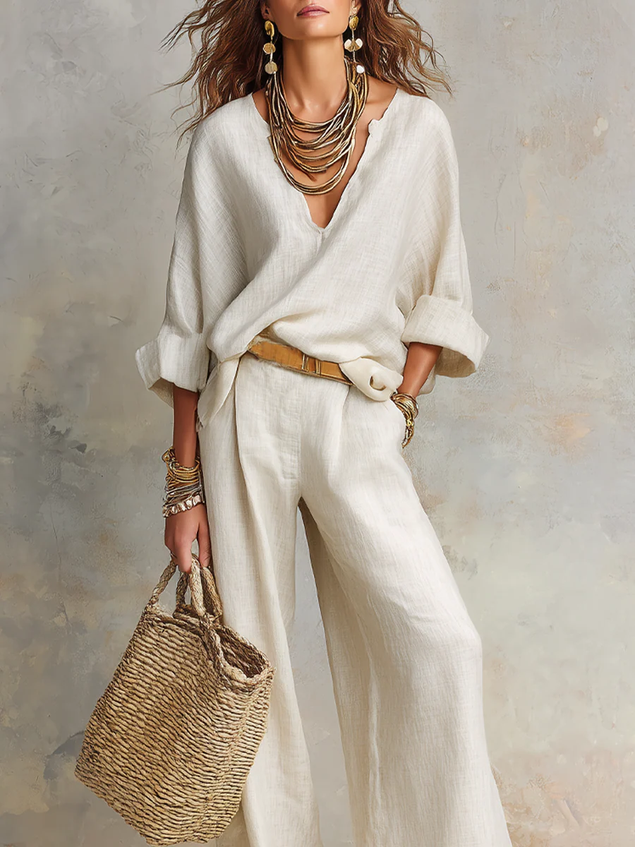 Off White Natural Linen Loose Fitting Resort Wear Set - Image 4