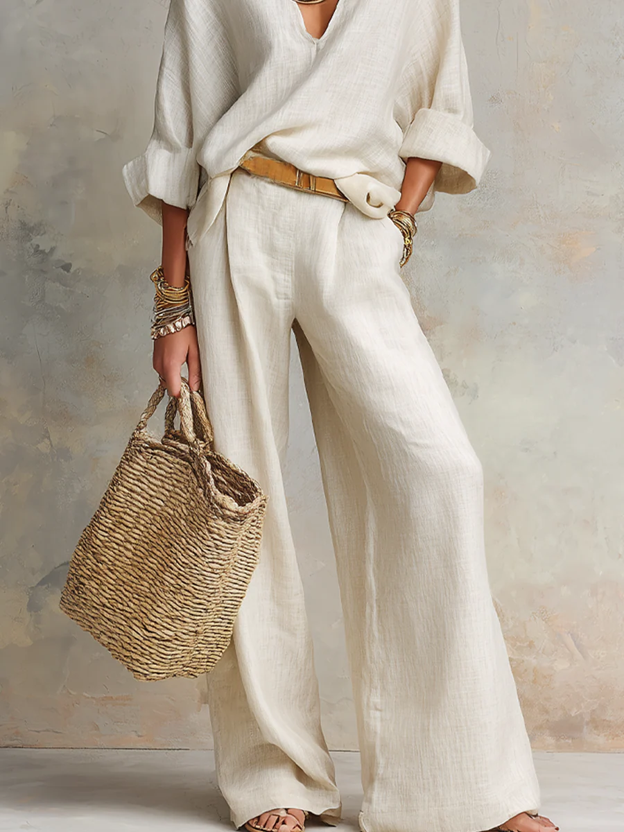 Off White Natural Linen Loose Fitting Resort Wear Set - Image 5