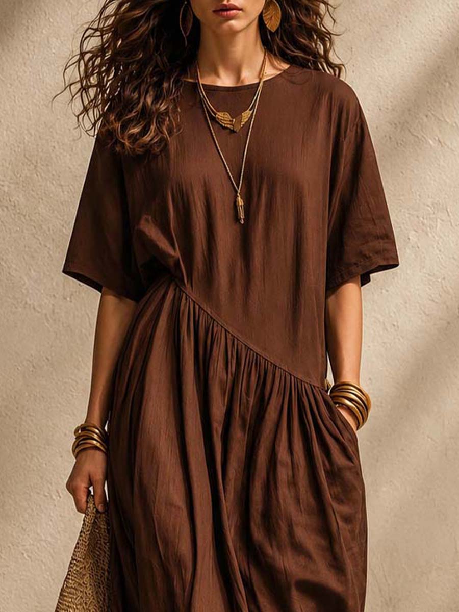 Old Money Wind Tencel Blend Linen Asymmetrical Cut Shirt Mid-Length Dress - Image 2