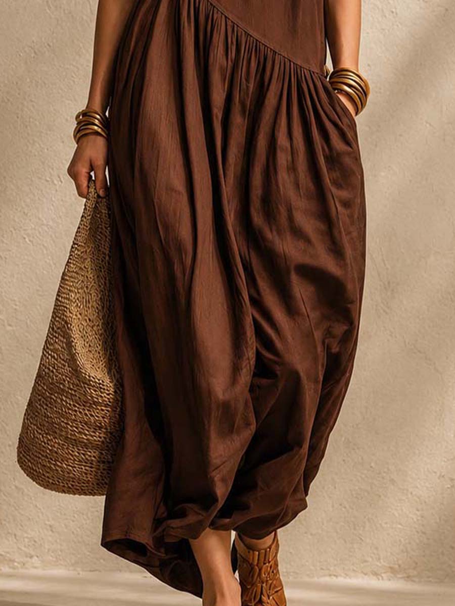 Old Money Wind Tencel Blend Linen Asymmetrical Cut Shirt Mid-Length Dress - Image 3