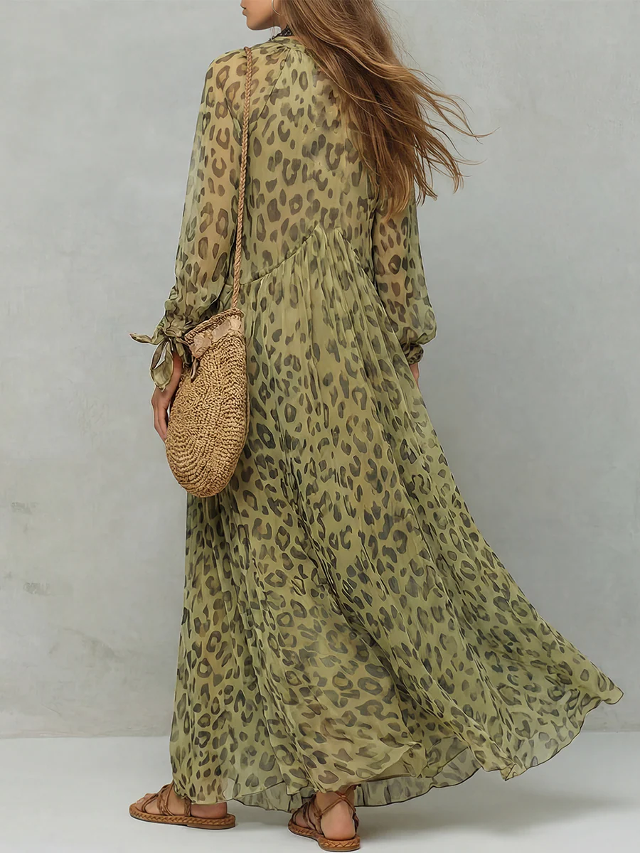 Olive Green Leopard Print Chiffon Long-sleeved Bohemian Dress - Image 2