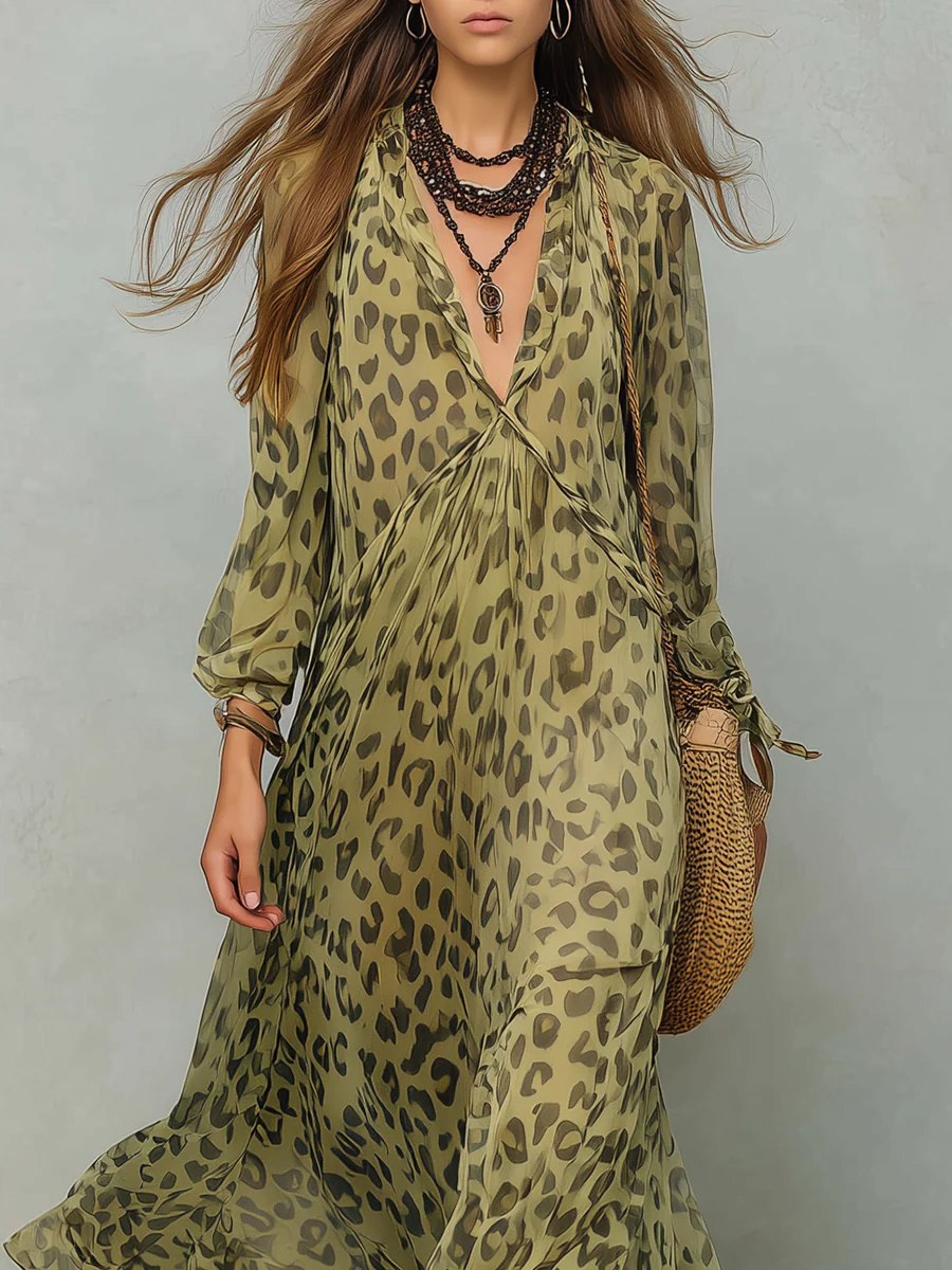 Olive Green Leopard Print Chiffon Long-sleeved Bohemian Dress - Image 4