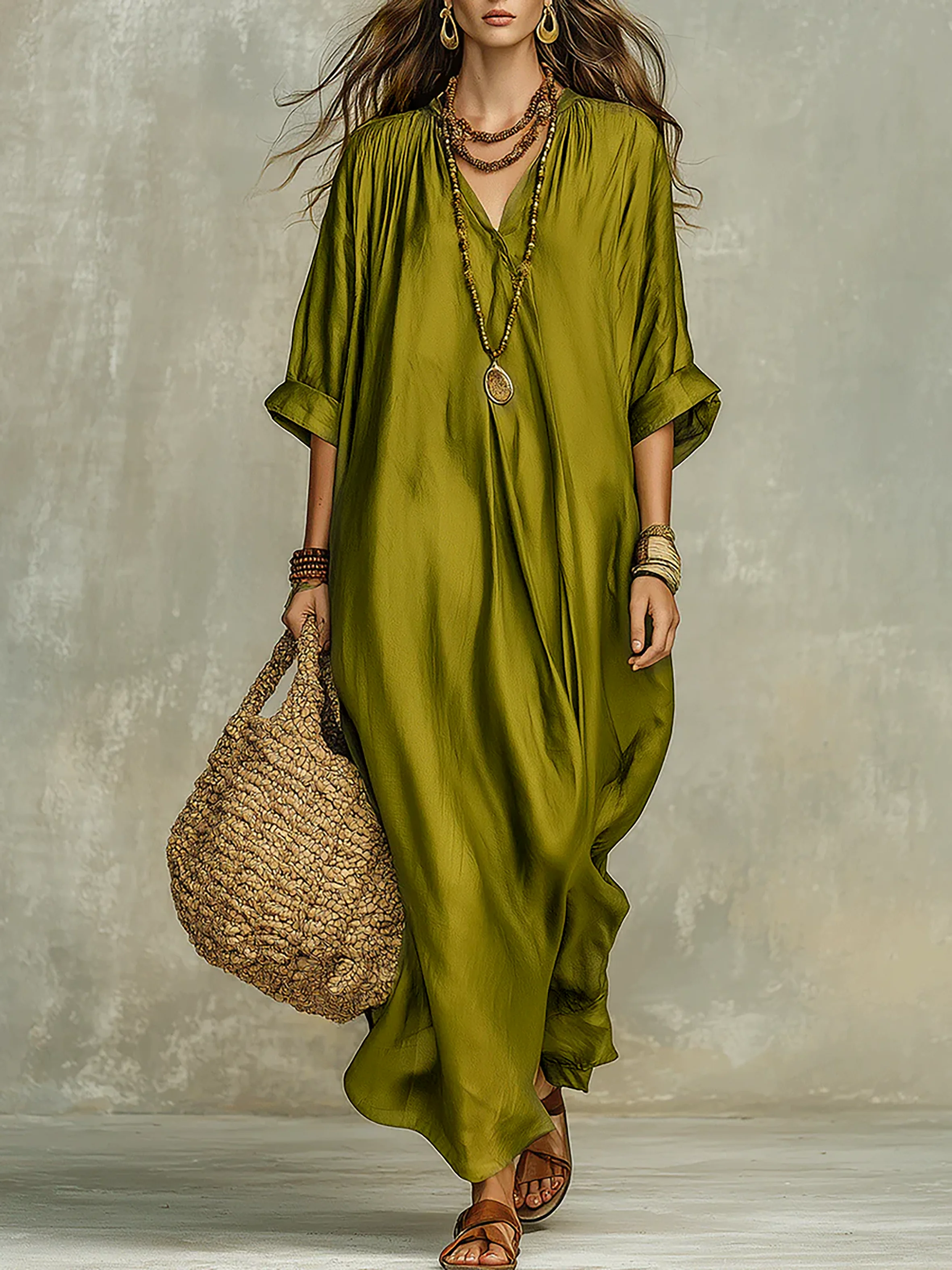 Olive Green Relaxed Bohemian Maxi Dress