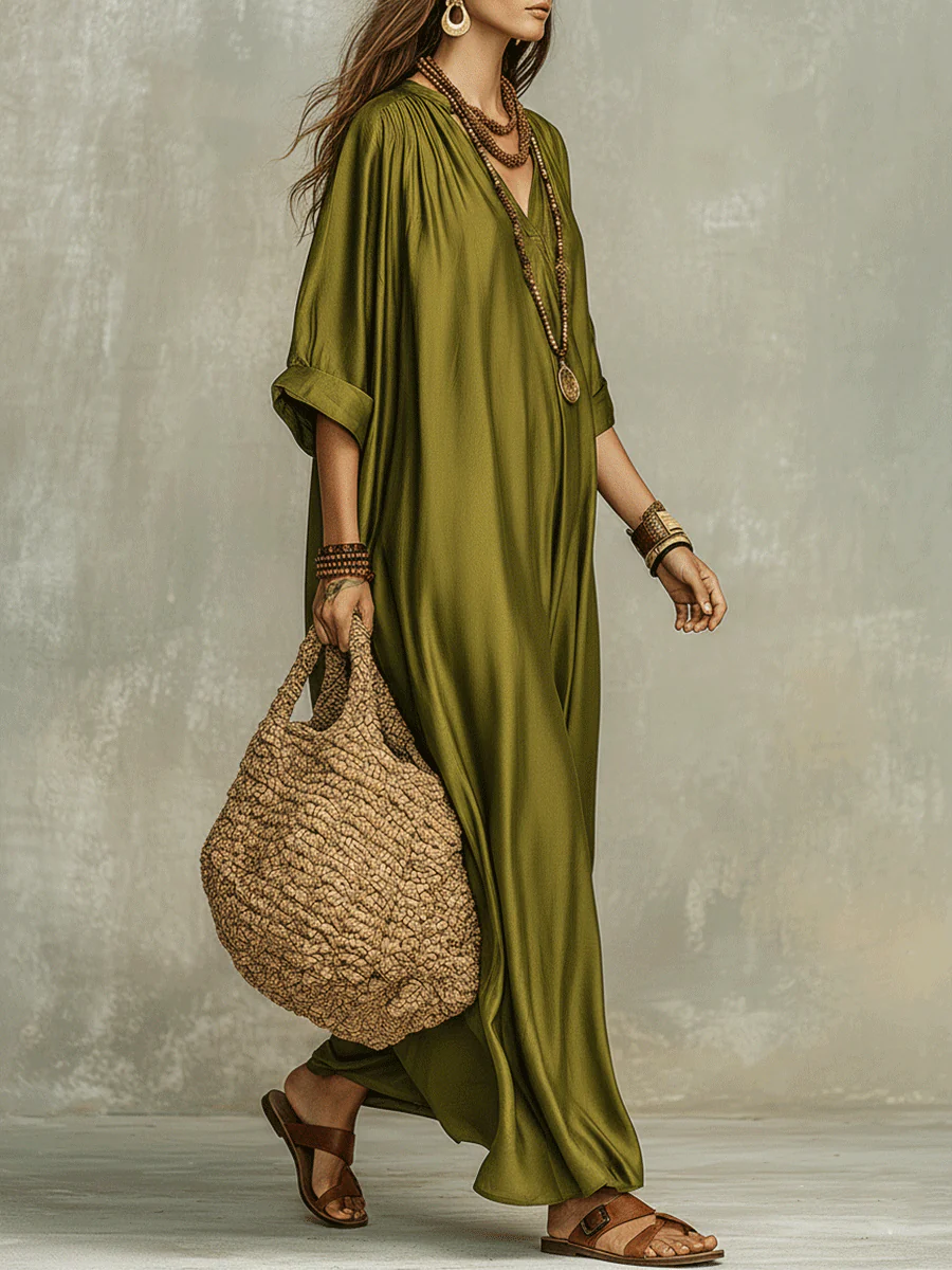 Olive Green Relaxed Bohemian Maxi Dress - Image 3
