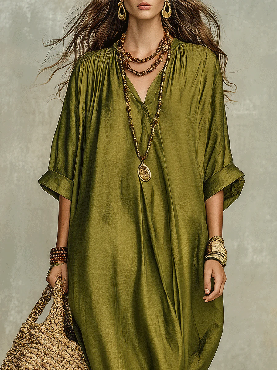 Olive Green Relaxed Bohemian Maxi Dress - Image 4