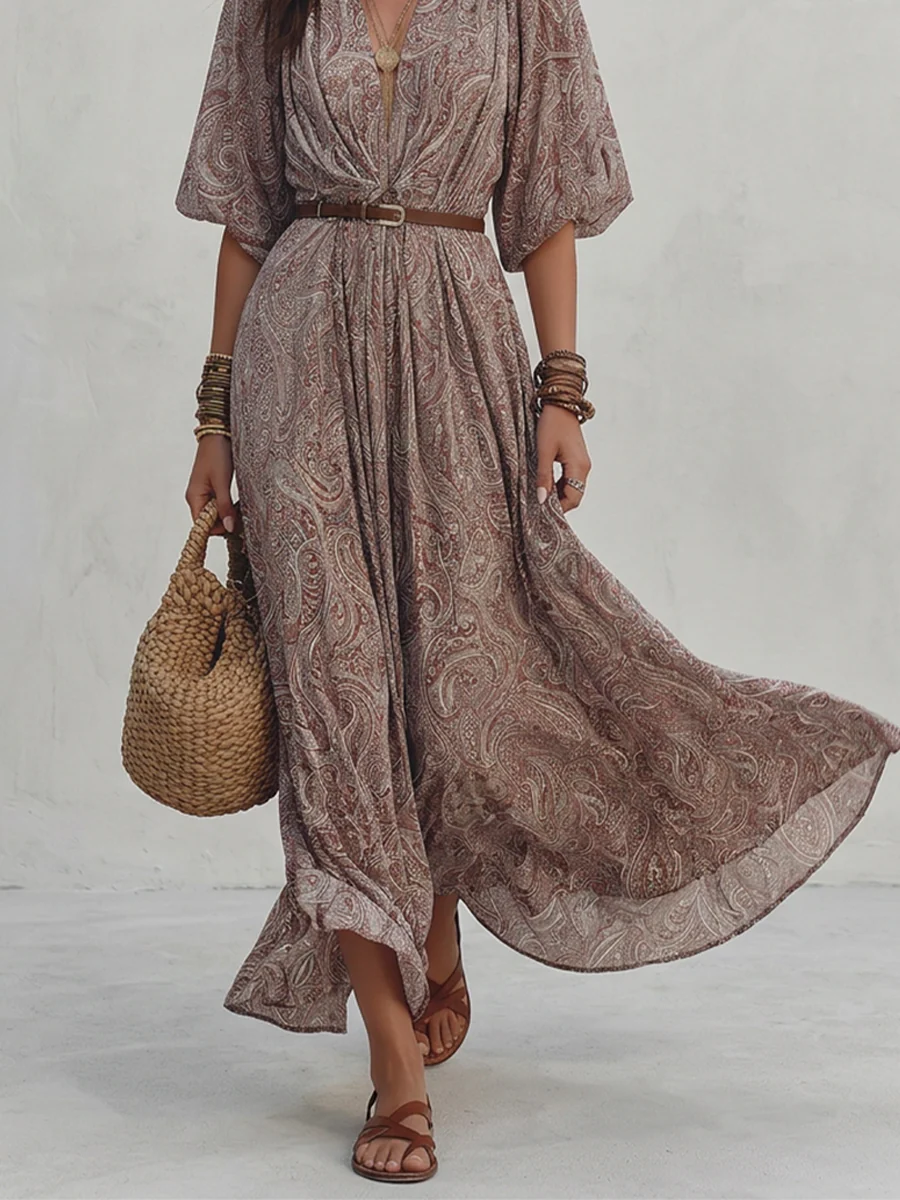 Paisley Breeze Belted Maxi Dress - Image 3