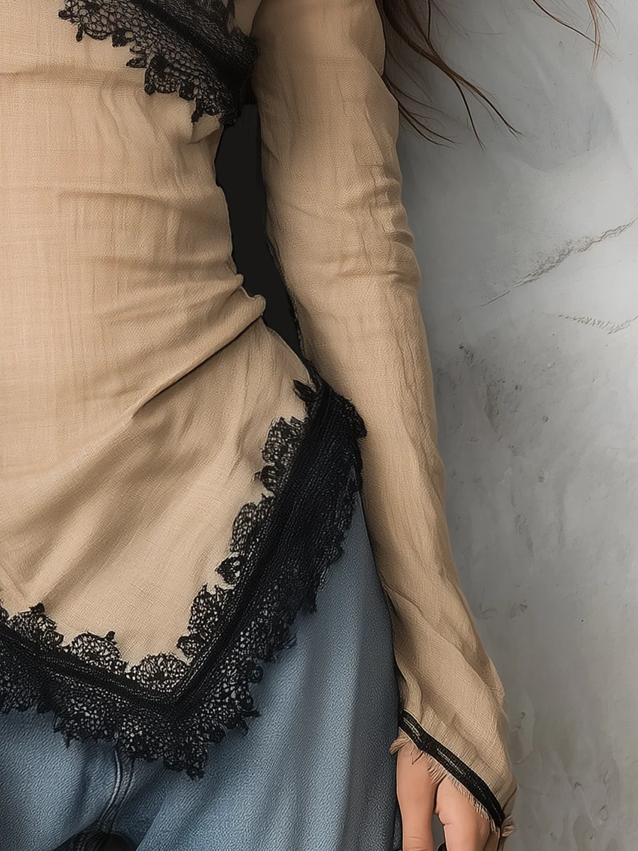 Refined Beige Lace Trim Wrap Blouse - Image 3