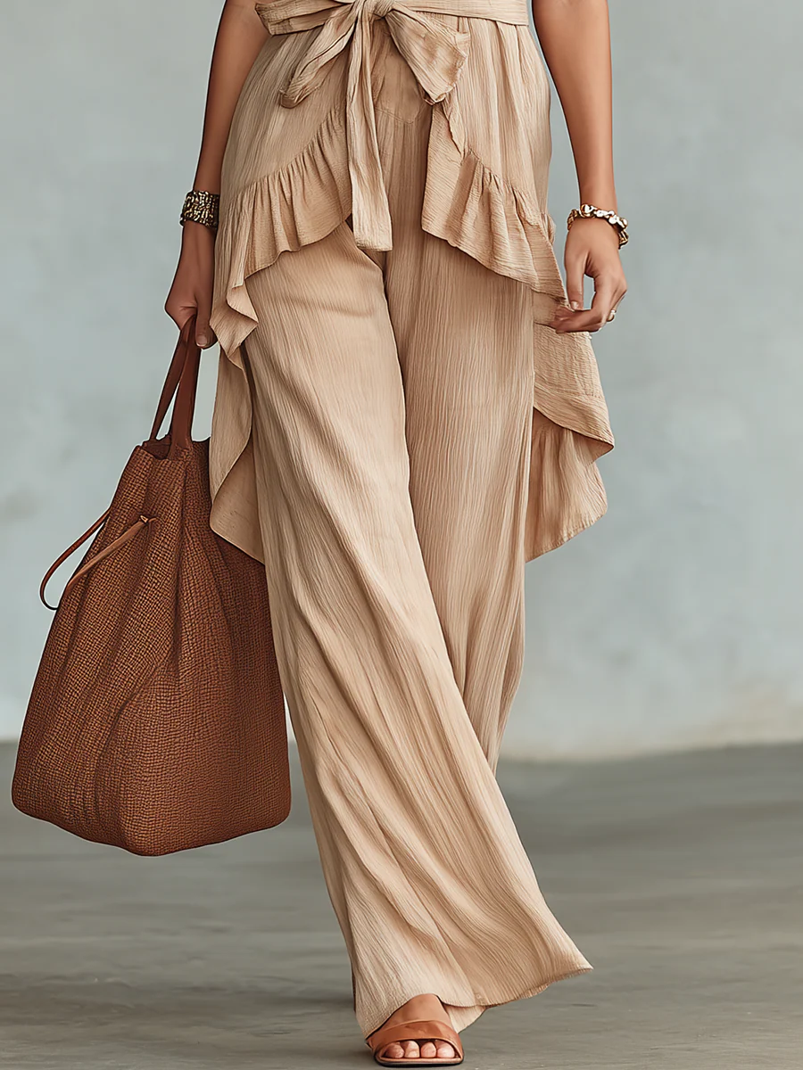 Refined Beige Sleeveless Ruffle Wide Leg Pant Set - Image 3