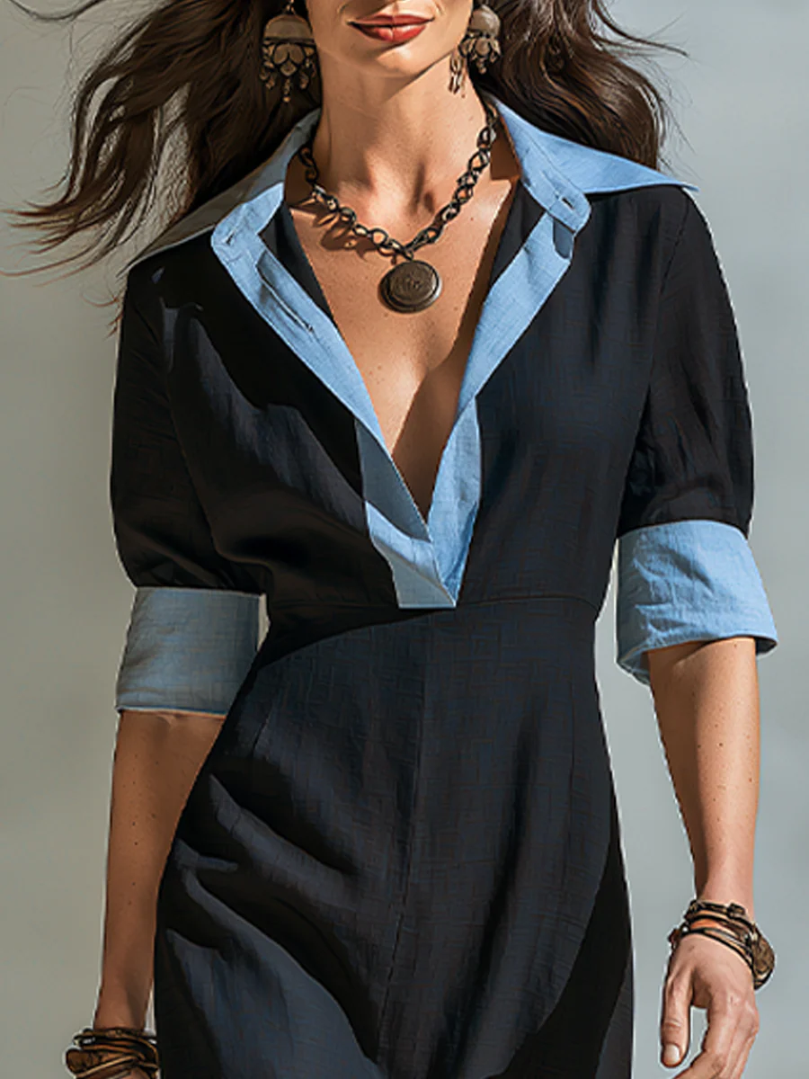 Refined Black Contrast Collar Midi Dress - Image 2