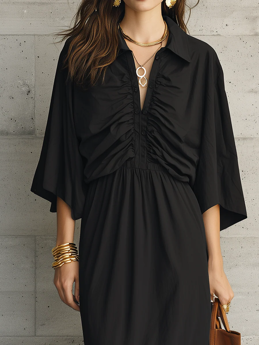 Refined Black Ruched Cape Sleeve Maxi Dress - Image 2