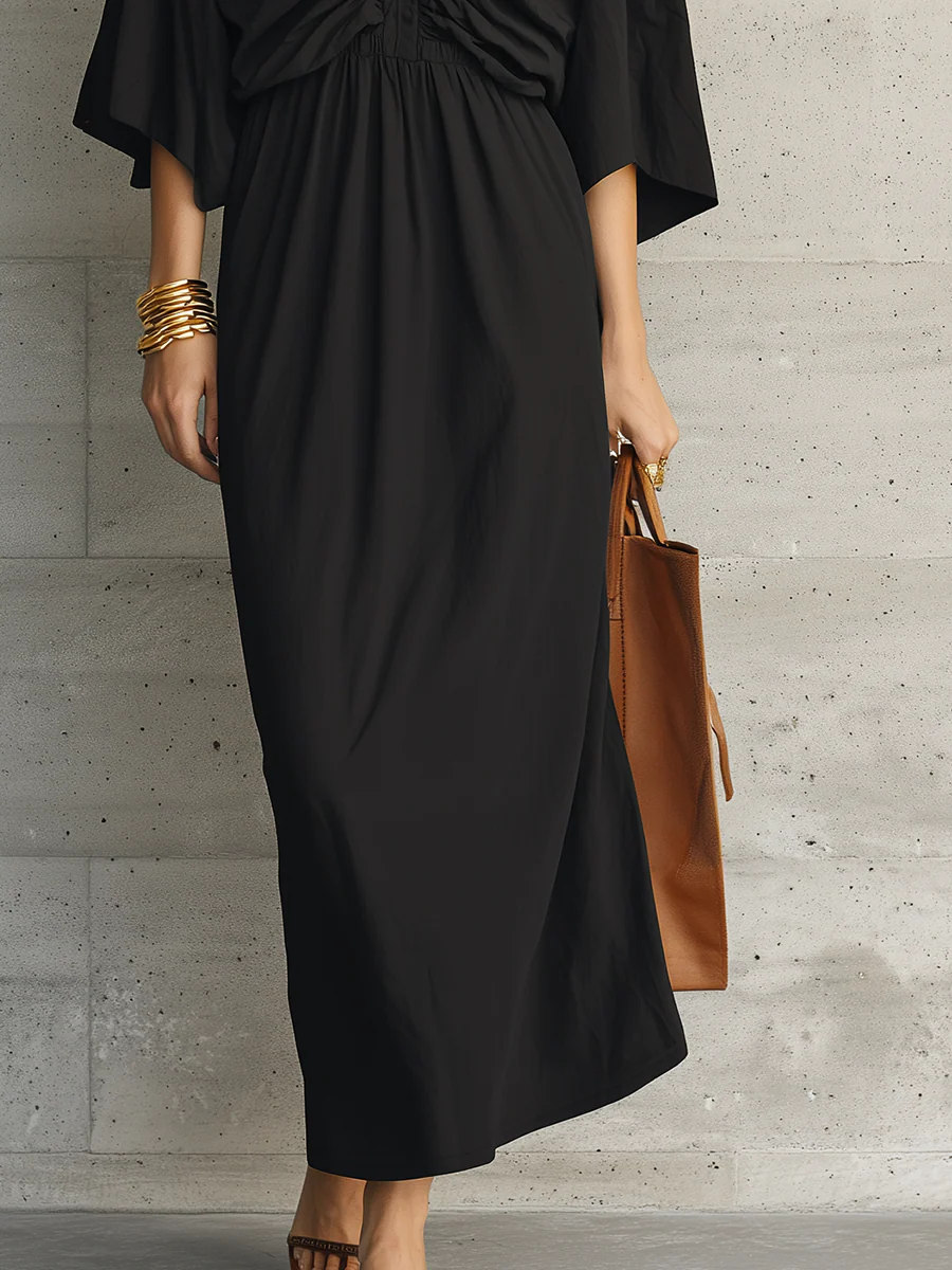 Refined Black Ruched Cape Sleeve Maxi Dress - Image 3