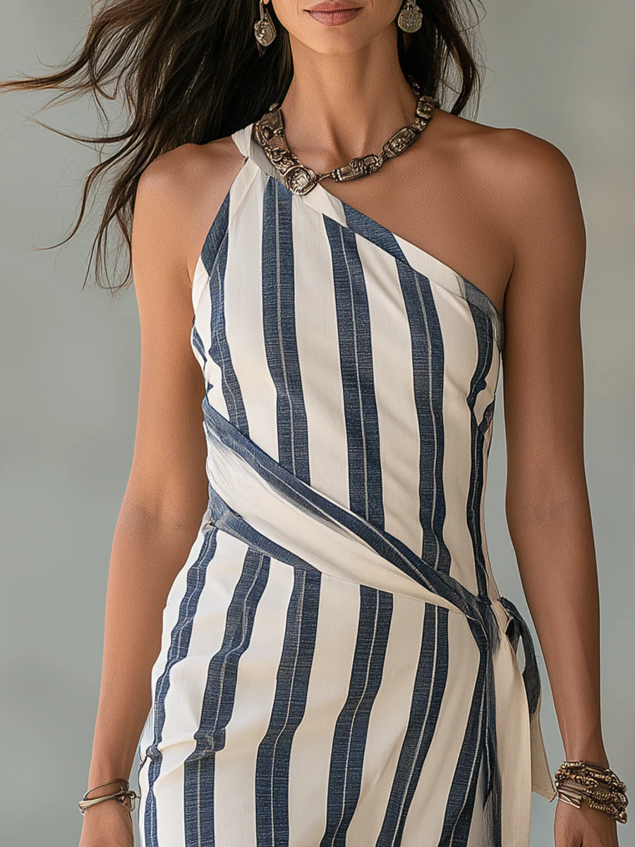 Refined Blue Striped One-Shoulder Wrap Midi Dress - Image 2