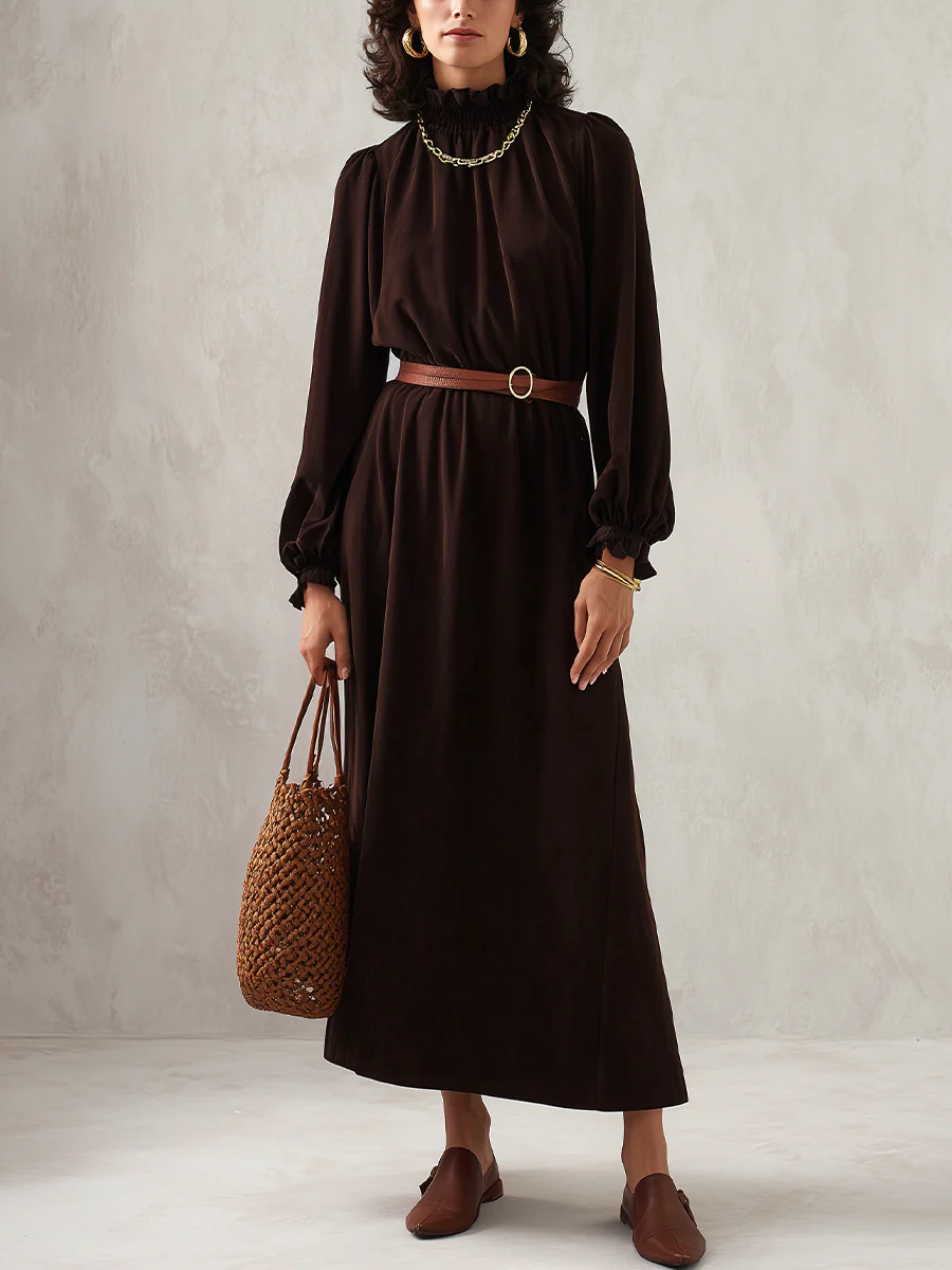 Refined Espresso Smocked Neck Maxi Dress