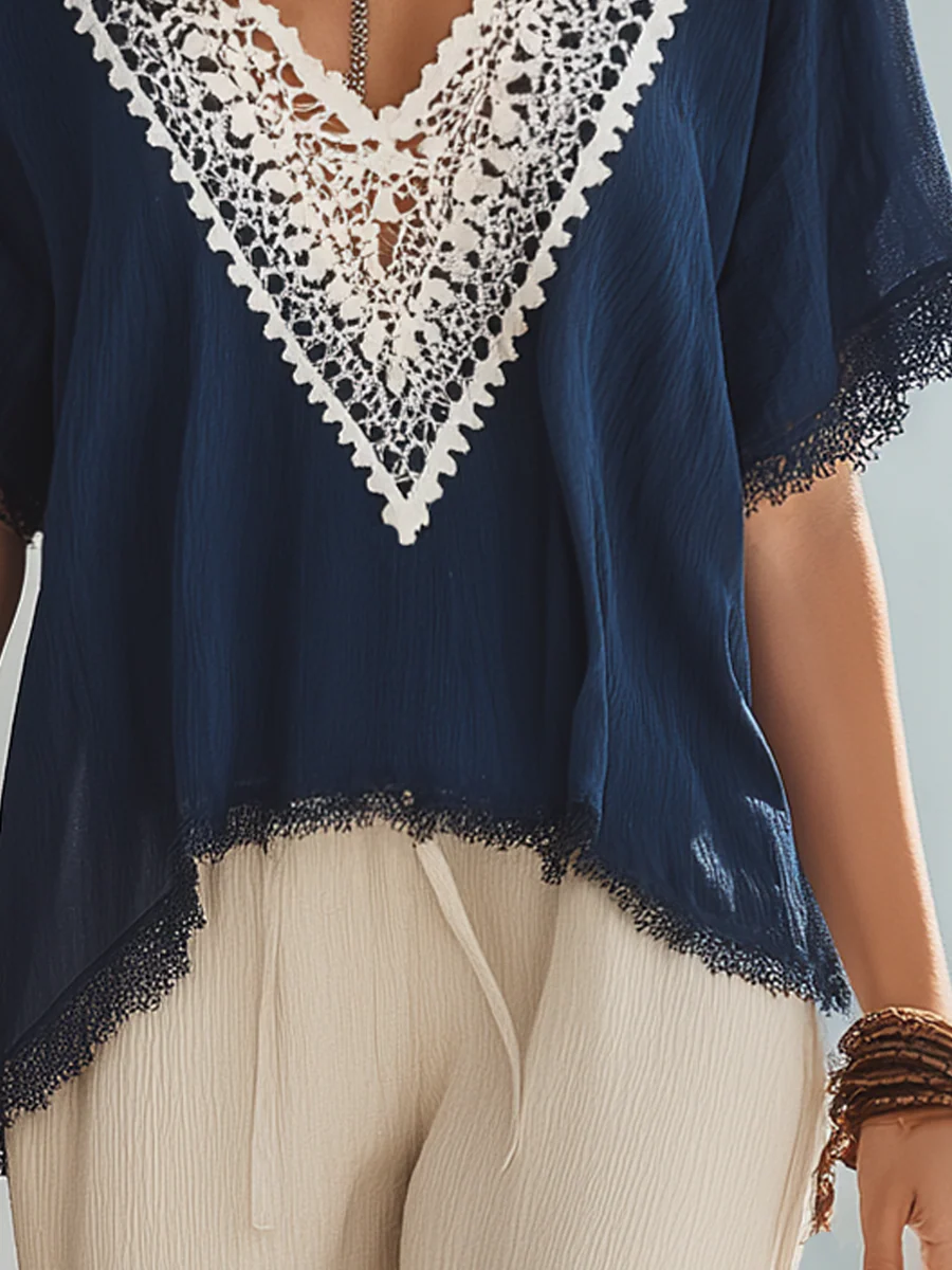 Refined Navy Lace V-Neck Blouse - Image 2