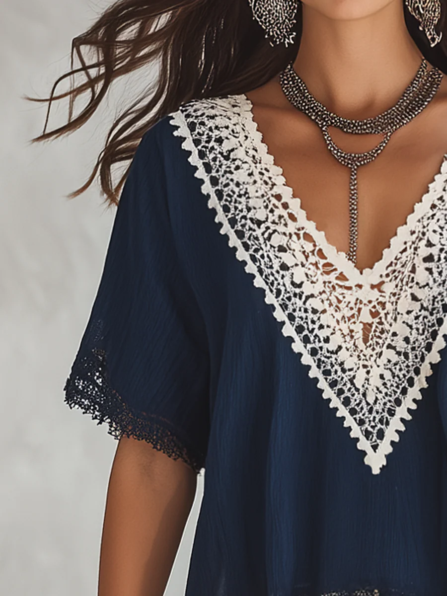 Refined Navy Lace V-Neck Blouse - Image 3