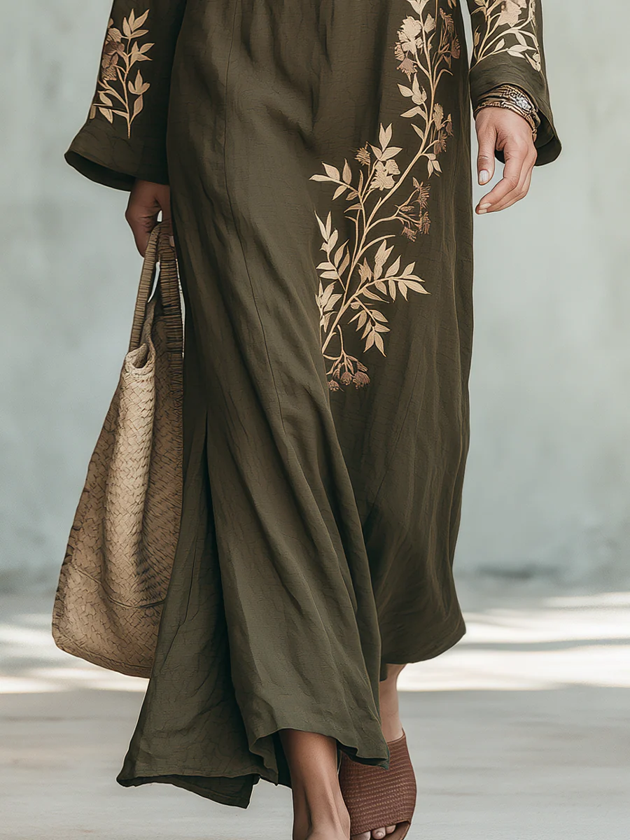 Refined Olive Botanical Print Maxi Dress - Image 3