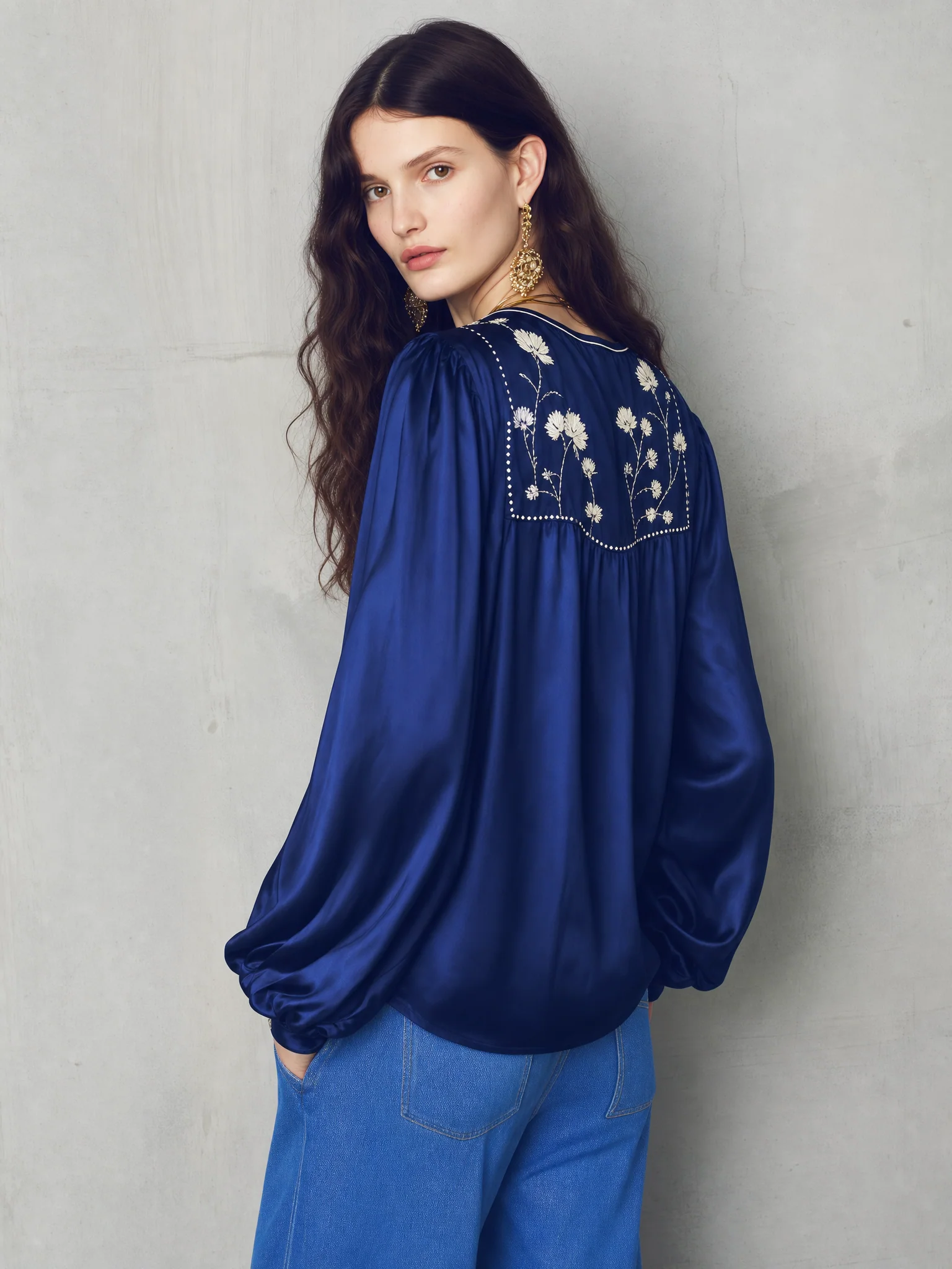 Refined Royal Blue Floral Embroidered Blouse - Image 2