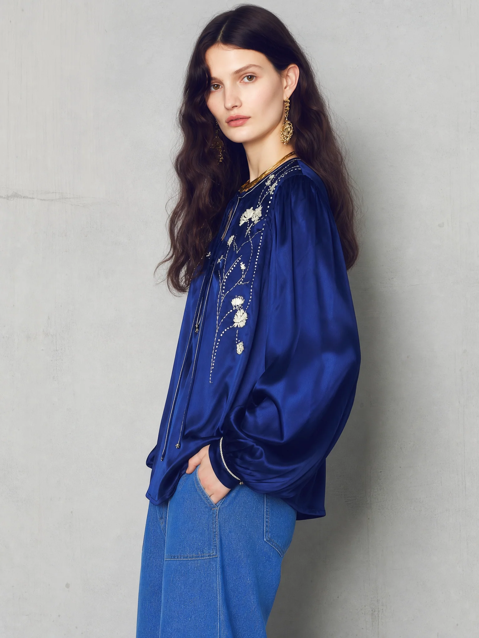 Refined Royal Blue Floral Embroidered Blouse - Image 3