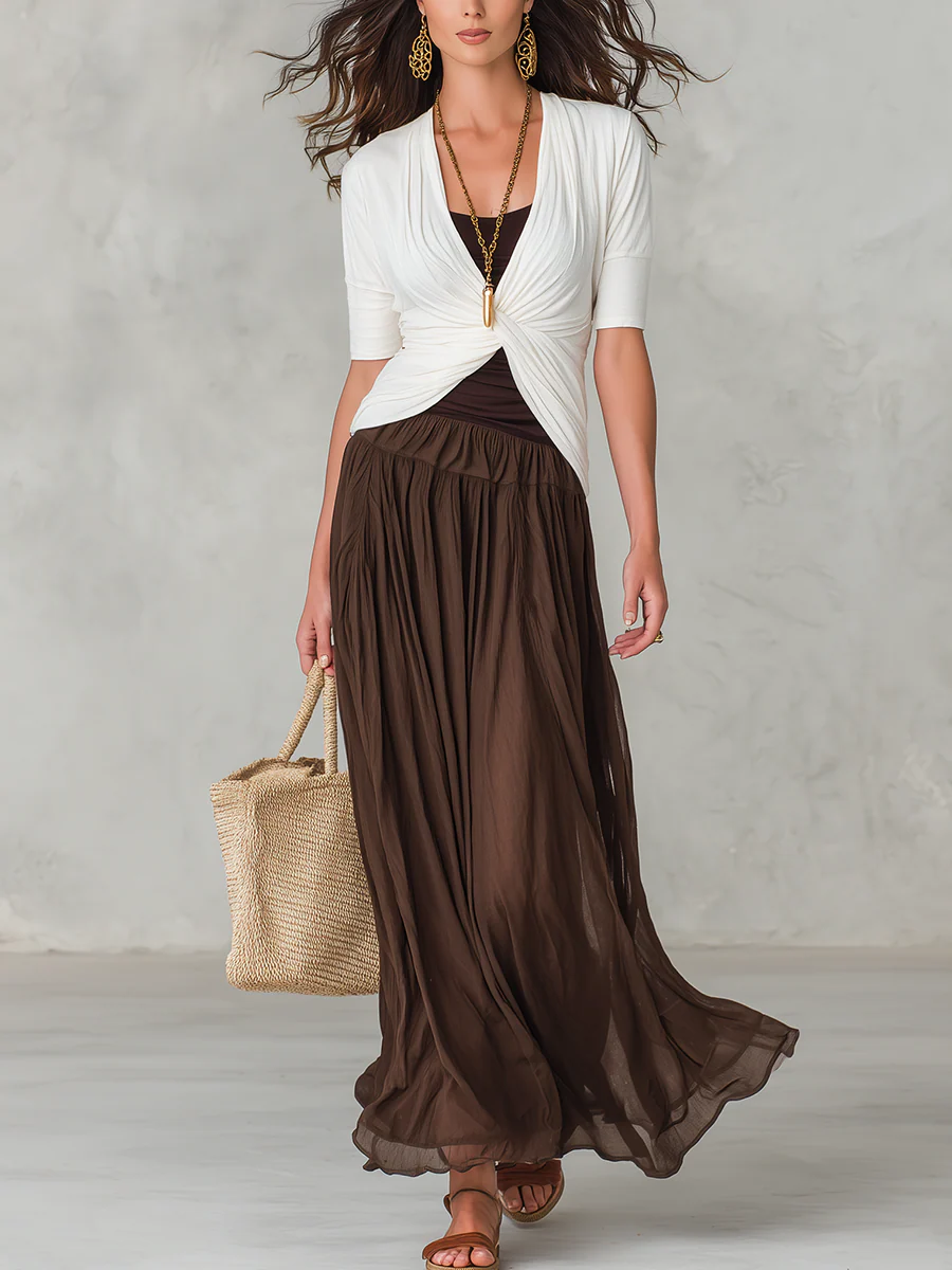 Refined White Twist Front Top & Cocoa Skirt Set