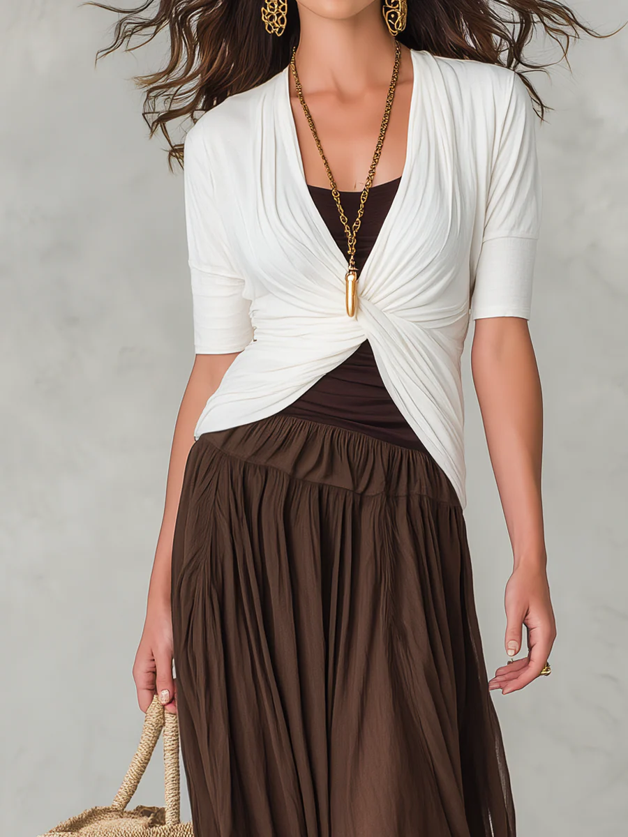 Refined White Twist Front Top & Cocoa Skirt Set - Image 2