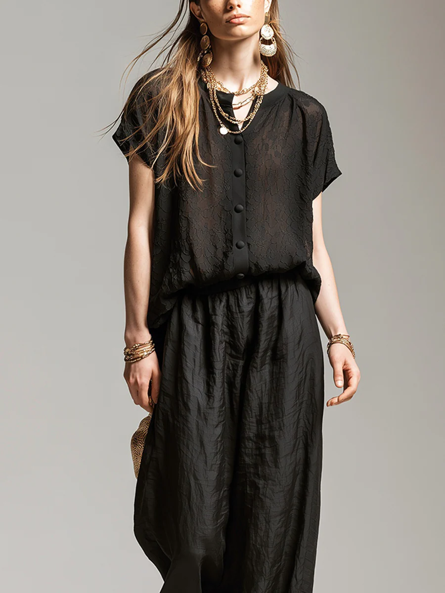 Relaxed Black Textured Two Piece Set - Image 2